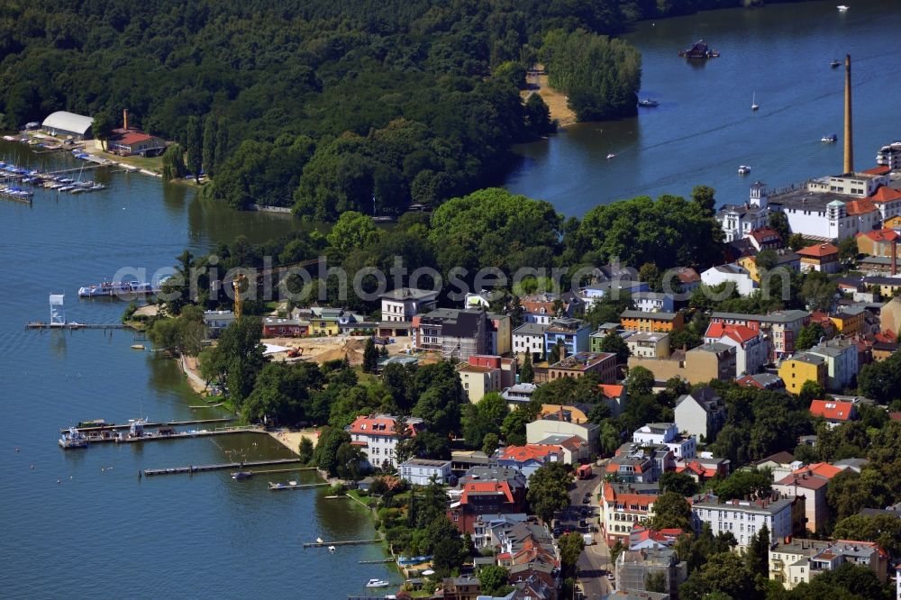 Berlin from above - Partial view of the city Mueggelseedamm streets on the banks of the Mueggelsee in Berlin