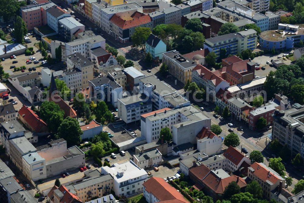 Magdeburg from above - View of the Sudenburg part in the West of Magdeburg in the state Saxony-Anhalt. Different residential and business buildings, shopping facilities, parks and trees are located around Halberstaedter Strasse