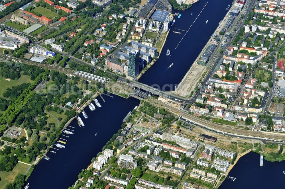 Berlin from above - City Partial view Treptow - Friedrichshain Spree on shore in the urban area in Berlin