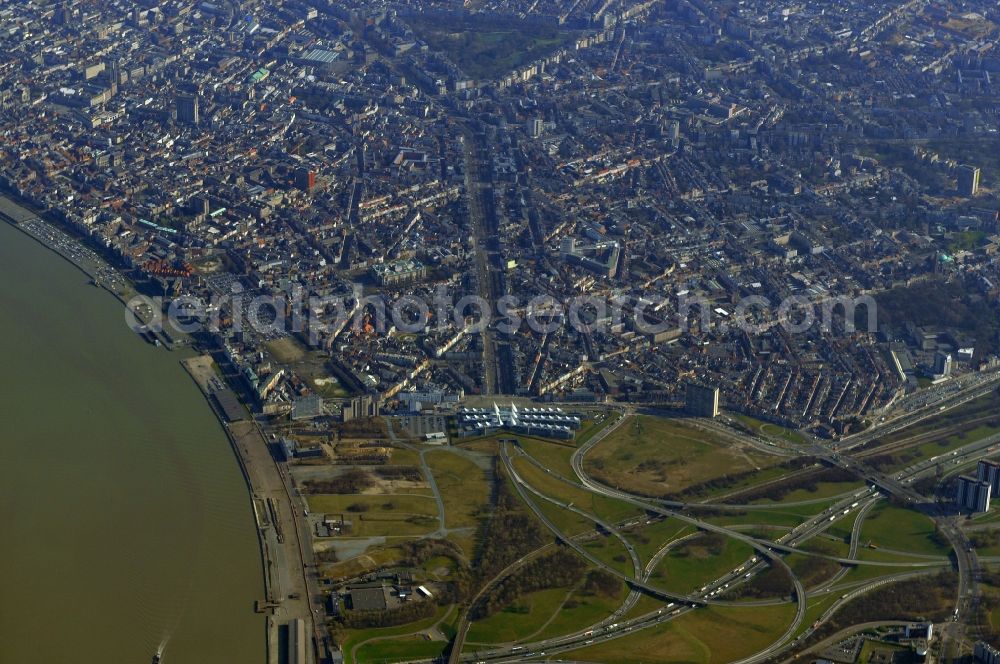 Antwerpen from above - Partial view of city on the banks of the Scheldt flux flow on the course of the E34 motorway and expressway N148 at Brederode district in Antwerp, Belgium