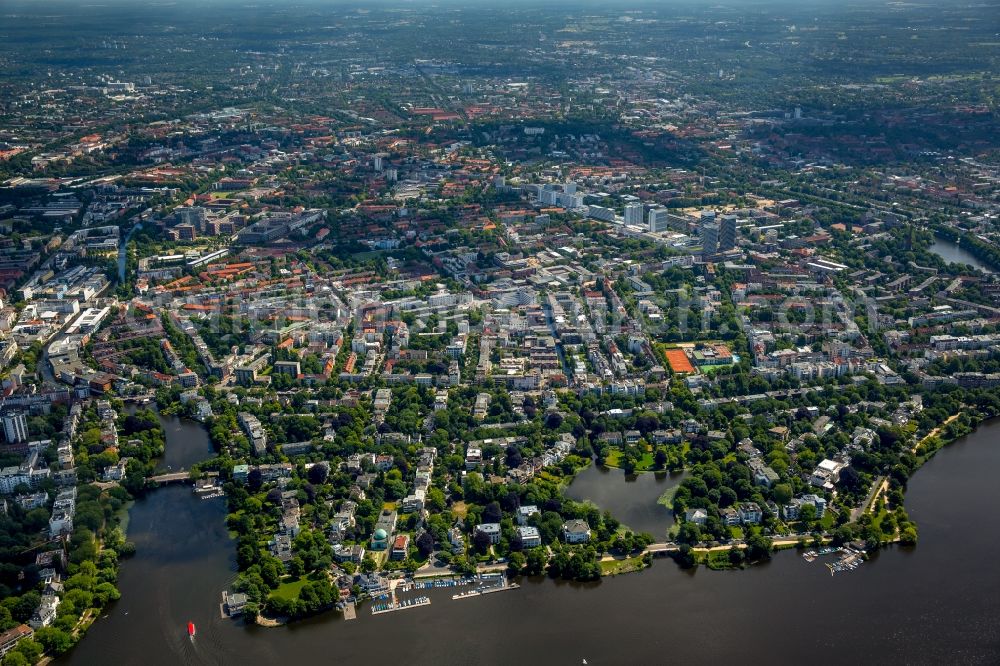 Hamburg from the bird's eye view: View of the Uhlenhorst part on the Eastern riverbank of the Aussenalster in the Hanseatic city of Hamburg in Germany