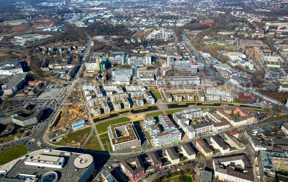 Essen from the bird's eye view: View of the University Quarter and the construction site for the office building of Funke Media Group on Berliner Platz in Essen in the state of North Rhine-Westphalia