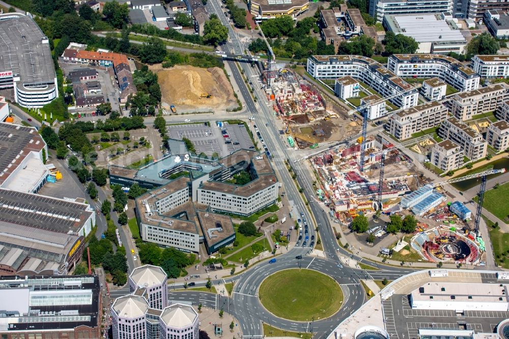 Aerial image Essen - View of the University Quarter and the construction site for the office building of Funke Media Group on Berliner Platz in Essen in the state of North Rhine-Westphalia