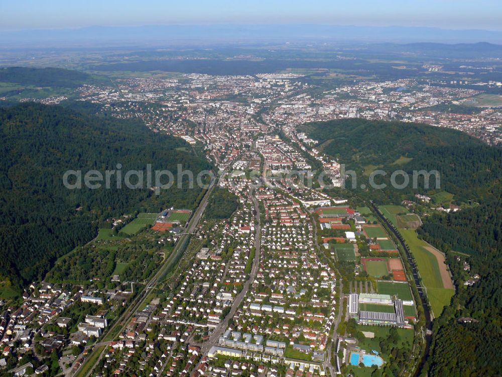 Freiburg im Breisgau from above - Stadtteilansicht von Waldsee, geprägt durch Mehrfamilienhäuser und Sportanlagen, in Freiburg, Baden-Württemberg. Cityscape of the district Waldsee, characterized by blocks of flats and sports grounds, in Freiburg, Baden-Wuerttemberg.