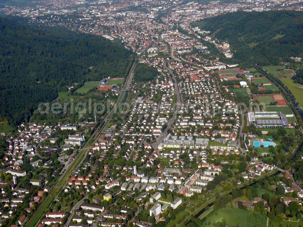 Freiburg im Breisgau from the bird's eye view: Stadtteilansicht von Waldsee, geprägt durch Mehrfamilienhäuser und Sportanlagen, in Freiburg, Baden-Württemberg. Cityscape of the district Waldsee, characterized by blocks of flats and sports grounds, in Freiburg, Baden-Wuerttemberg.