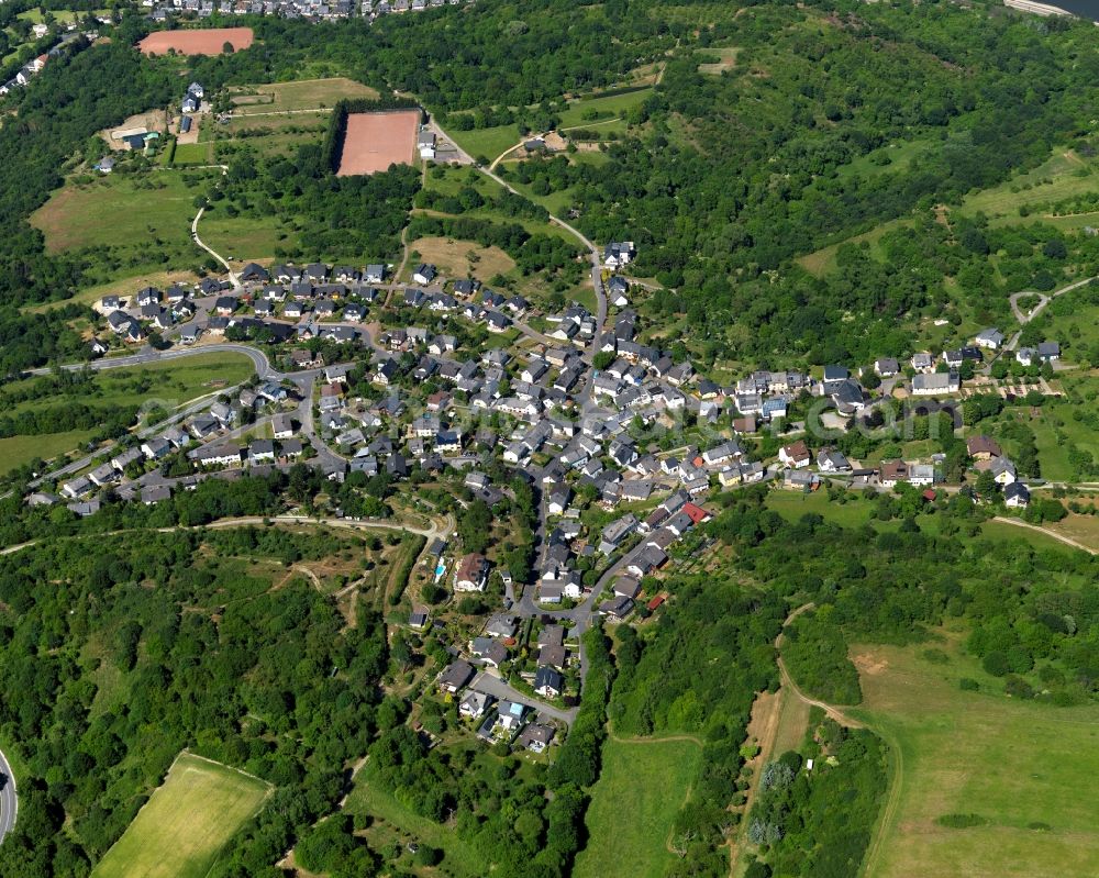 Aerial image Boppard - View of the Weiler district of the town of Boppard in the state of Rhineland-Palatinate. Boppard is a town in the Hunsrueck mountain range and an official tourist resort. It is characterised by agriculture and surrounded by forest and meadows. Weiler is located in the South of the main town