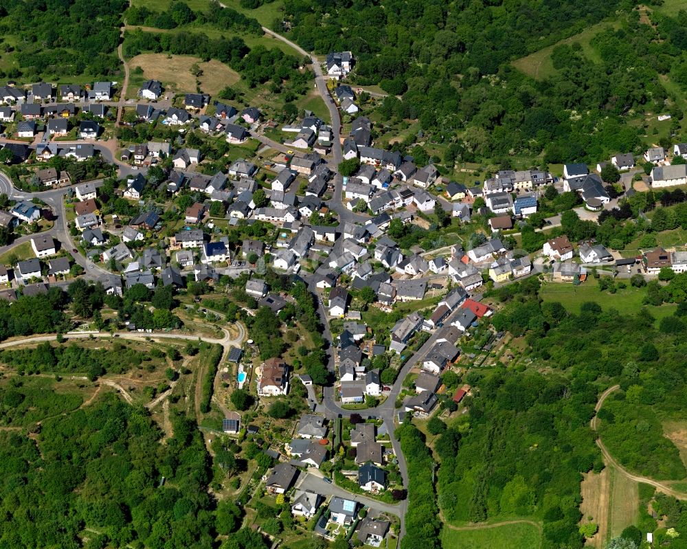 Aerial photograph Boppard - View of the Weiler district of the town of Boppard in the state of Rhineland-Palatinate. Boppard is a town in the Hunsrueck mountain range and an official tourist resort. It is characterised by agriculture and surrounded by forest and meadows. Weiler is located in the South of the main town