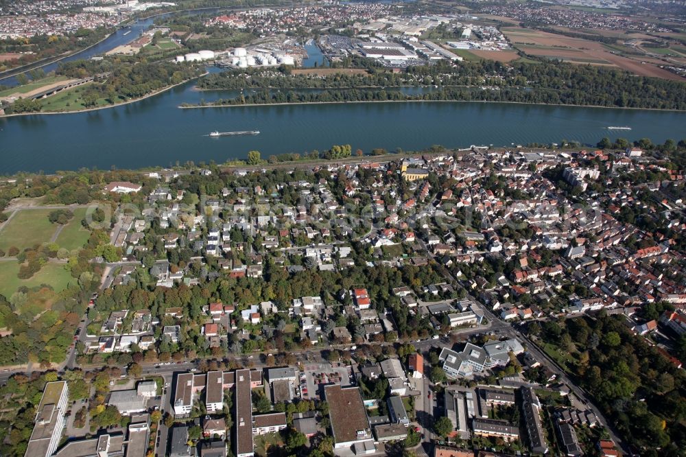 Mainz from above - View of the Weisenau part of Mainz in the state of Rhineland-Palatinate. The district consists of a historic centre with old residential and business buildings as well as estates and appartment blocks. It is located on the riverbank of the Rhine and partly green and wooded