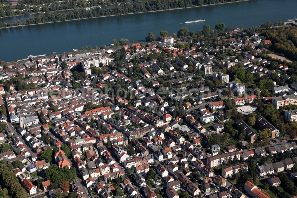 Mainz from above - View of the Weisenau part of Mainz in the state of Rhineland-Palatinate. The district consists of a historic centre with old residential and business buildings as well as estates and appartment blocks. It is located on the riverbank of the Rhine and partly green and wooded