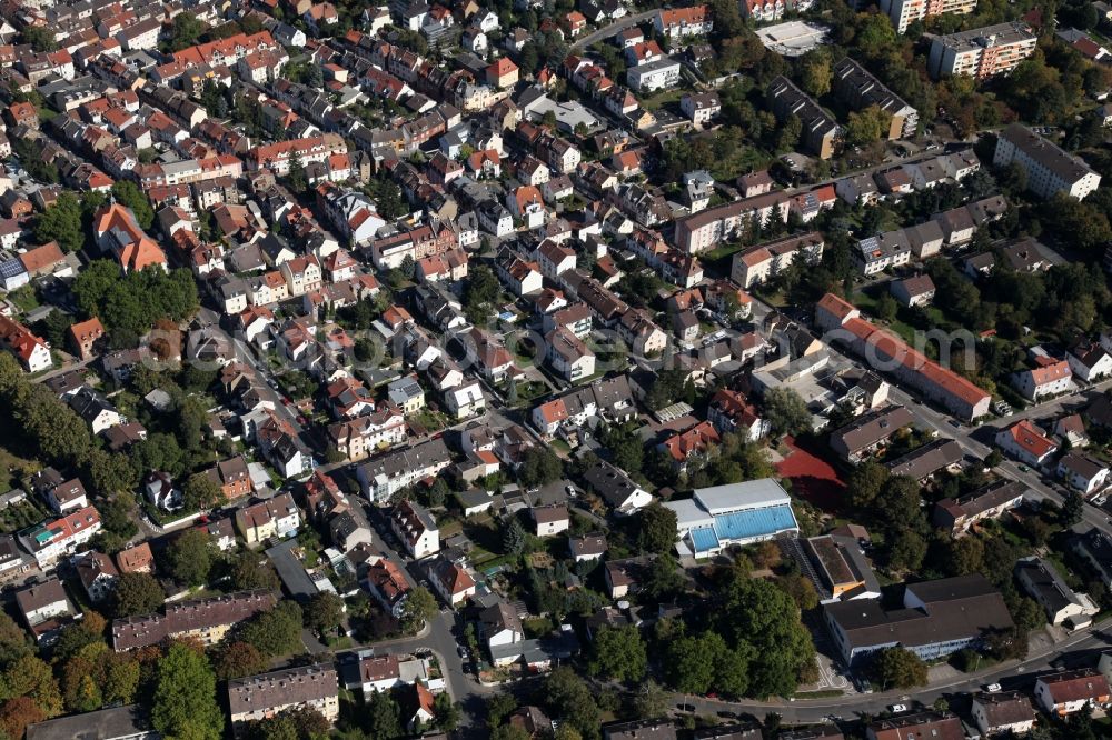 Mainz from above - View of the Weisenau part of Mainz in the state of Rhineland-Palatinate. The district consists of a historic centre with old residential and business buildings as well as estates and appartment blocks. It is located on the riverbank of the Rhine and partly green and wooded