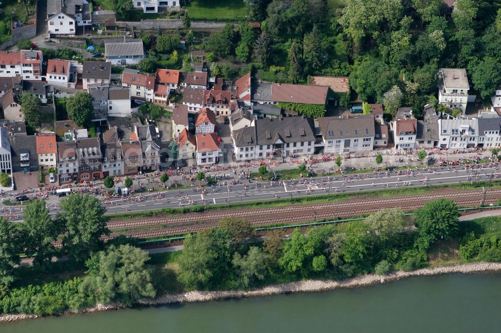 Mainz from above - View of the Weisenau part of Mainz in the state of Rhineland-Palatinate. The district consists of a historic centre with old residential and business buildings as well as estates and appartment blocks. It is located on the riverbank of the Rhine and the location of the yearly Gutenberg-Marathon