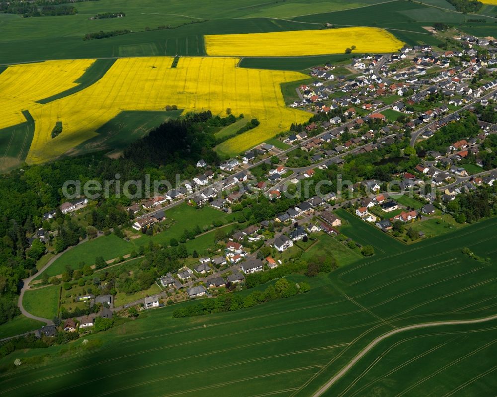 Mendig from above - View of the West of the Obermendig part of Mendig in the state Rhineland-Palatinate. The town is located in the county district of Mayen-Koblenz in the Eastern Eifel region. It is known as a town of breweries and lava cellars - from volcanic origin. Mendig consists of two parts. The residential areas on the edge of the town are surrounded by rapeseed fields