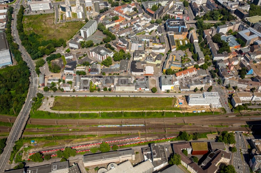 Aerial image Essen - View of the Westviertel part of Essen and an empty building lot on Hachestrasse in the state of North Rhine-Westphalia. The lot will contain hotels such as the Ghotel Hotel & Living