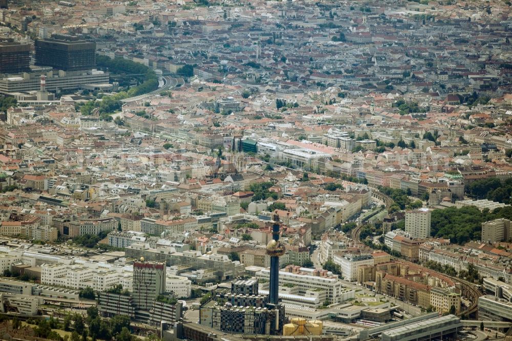 Aerial image Wien - View of the 9th (Alsergrund) district with the distinct tower of the Muellverbrennungsanlage Spittelau in Vienna in Austria