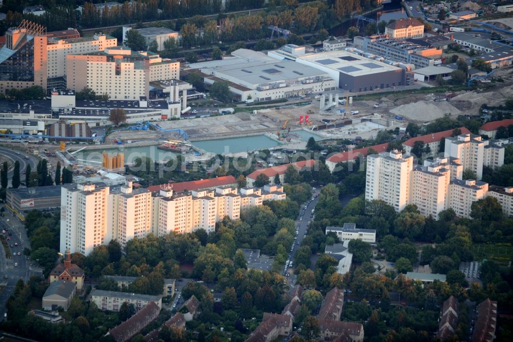 Berlin from above - View of the residential area on Aronsstrasse and the industrial area on the shipping canal of Neukoelln in Berlin in Germany