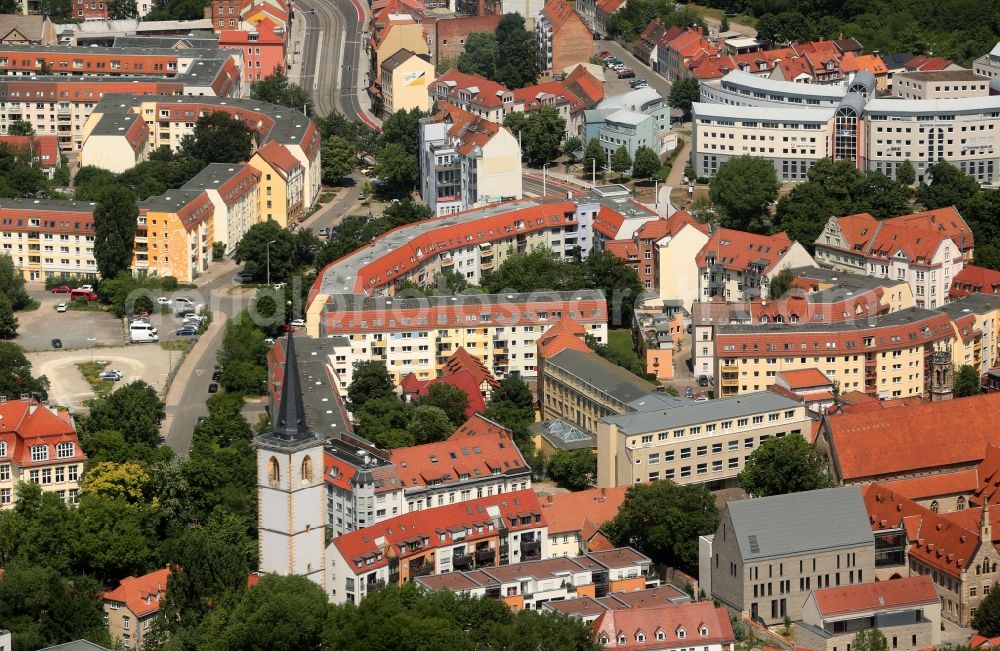 Erfurt from above - View of the residential area of Am Huegel in Erfurt in the state of Thuringia. The foreground shows the Nikolai church and parts of the Augustinerkloster monastery. Several business and office buildings are part of the area