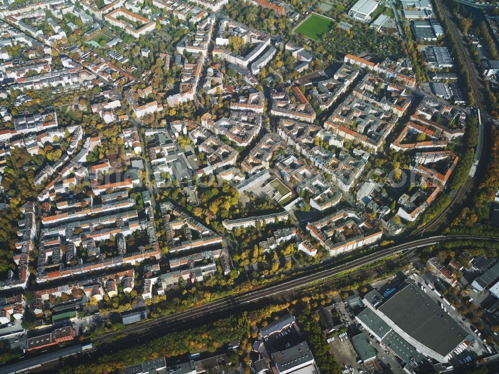 Berlin from above - View of a residential area around Richardplatz Square in the district of Neukoelln in Berlin in Germany. The residential buildings and estates of the area are located around the round Richardplatz