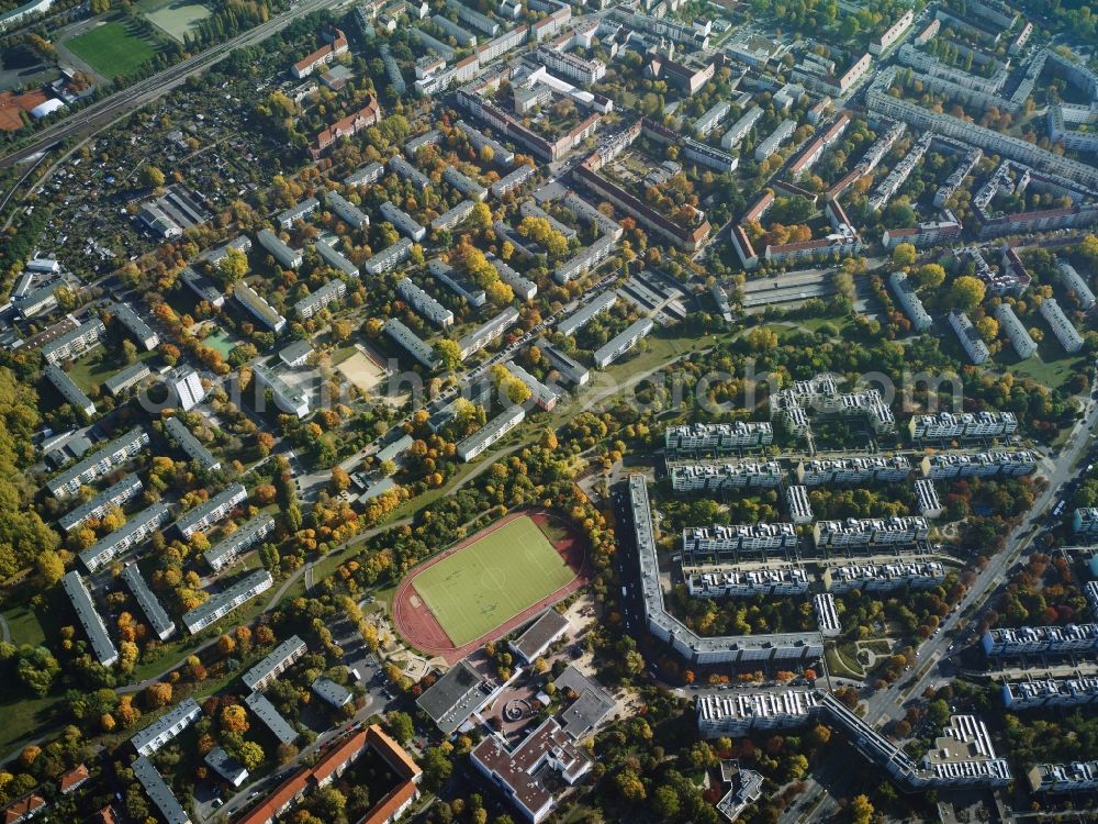 Berlin from above - View of a residential area in the North of Sonnenallee in the district of Neukoelln in Berlin in Germany. The area consists of several residential estates and parks. The High-Deck-Estate with its high-rises is located around Sonnenallee and next to the sports facilities