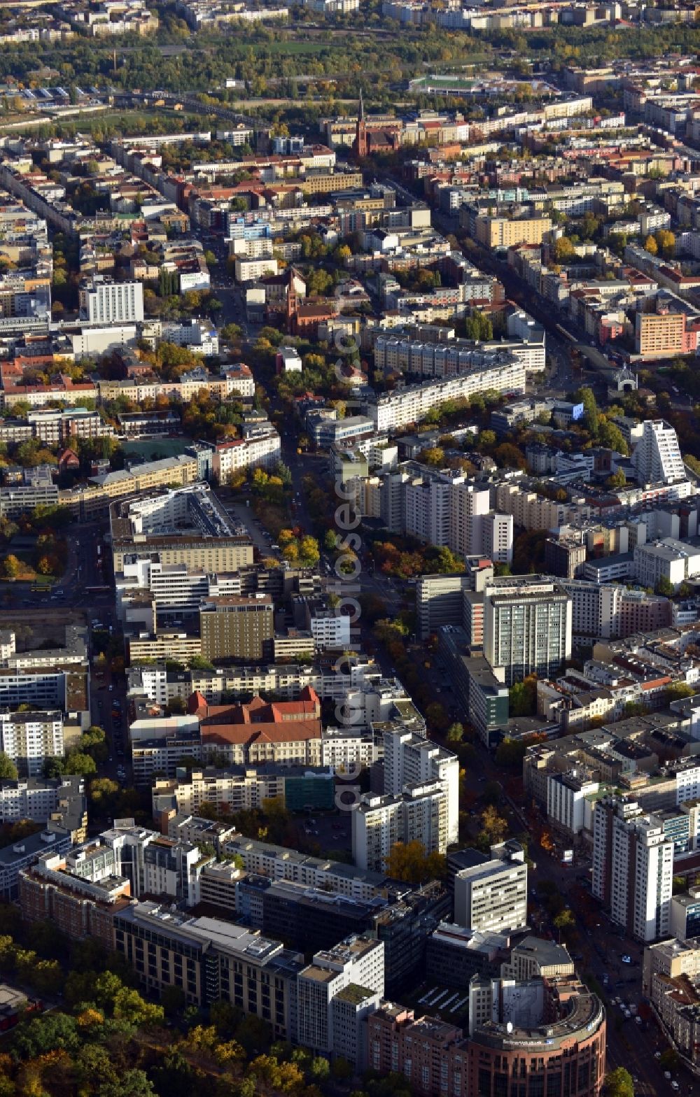 Berlin from the bird's eye view: Cityscape overlooking residential and commercial areas and buildings along Kurfuerstenstrasse in the Tiergarten district of Berlin - Mitte