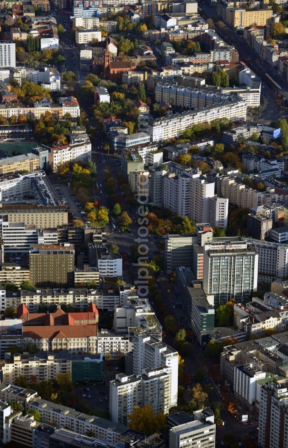 Aerial image Berlin - Cityscape overlooking residential and commercial areas and buildings along Kurfuerstenstrasse in the Tiergarten district of Berlin - Mitte