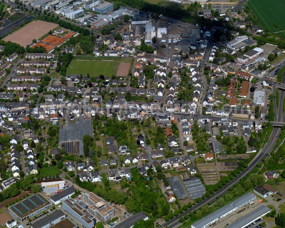 Koblenz from above - View of the centre of the Metternich part of Koblenz in the state Rhineland-Palatinate. Metternich is located on the left riverbank of the river Moselle. It includes a the campus of the University of Koblenz-Landau, the central military hospital and a nature park