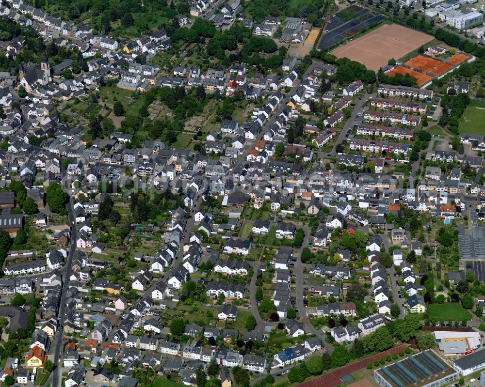 Koblenz from the bird's eye view: View of the centre of the Metternich part of Koblenz in the state Rhineland-Palatinate. Metternich is located on the left riverbank of the river Moselle. It includes a the campus of the University of Koblenz-Landau, the central military hospital and a nature park