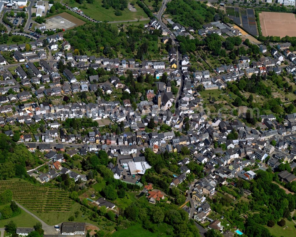 Aerial image Koblenz - View of the centre of the Metternich part of Koblenz in the state Rhineland-Palatinate. Metternich is located on the left riverbank of the river Moselle. It includes a the campus of the University of Koblenz-Landau, the central military hospital and a nature park