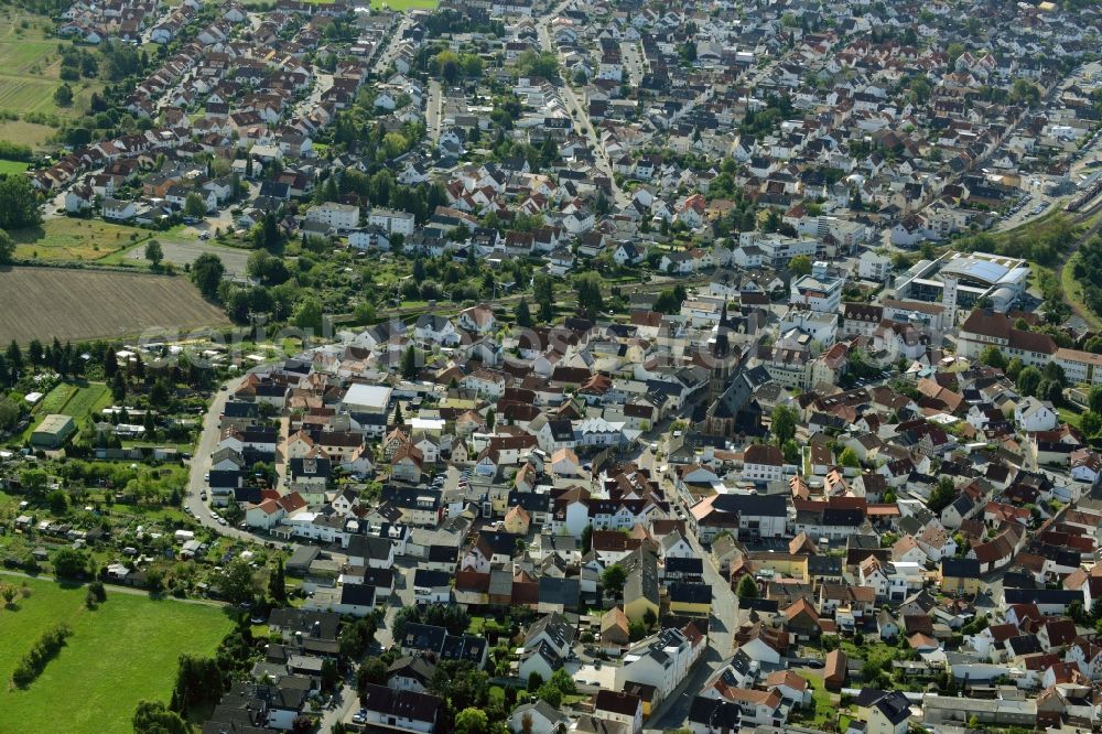 Ober-Roden from above - View of the center of Ober-Roden in the state of Hesse. Ober-Roden is located in the North of the main village of Roedermark. The church of Saint Nazarius is located in its centre