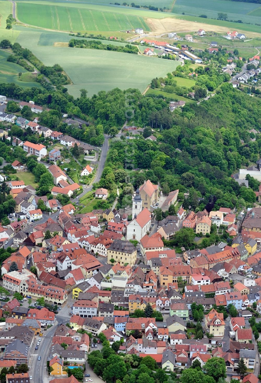 Arnstein from the bird's eye view: Partial city scape of Arnstein in Bavaria with a view of the Kirchberg