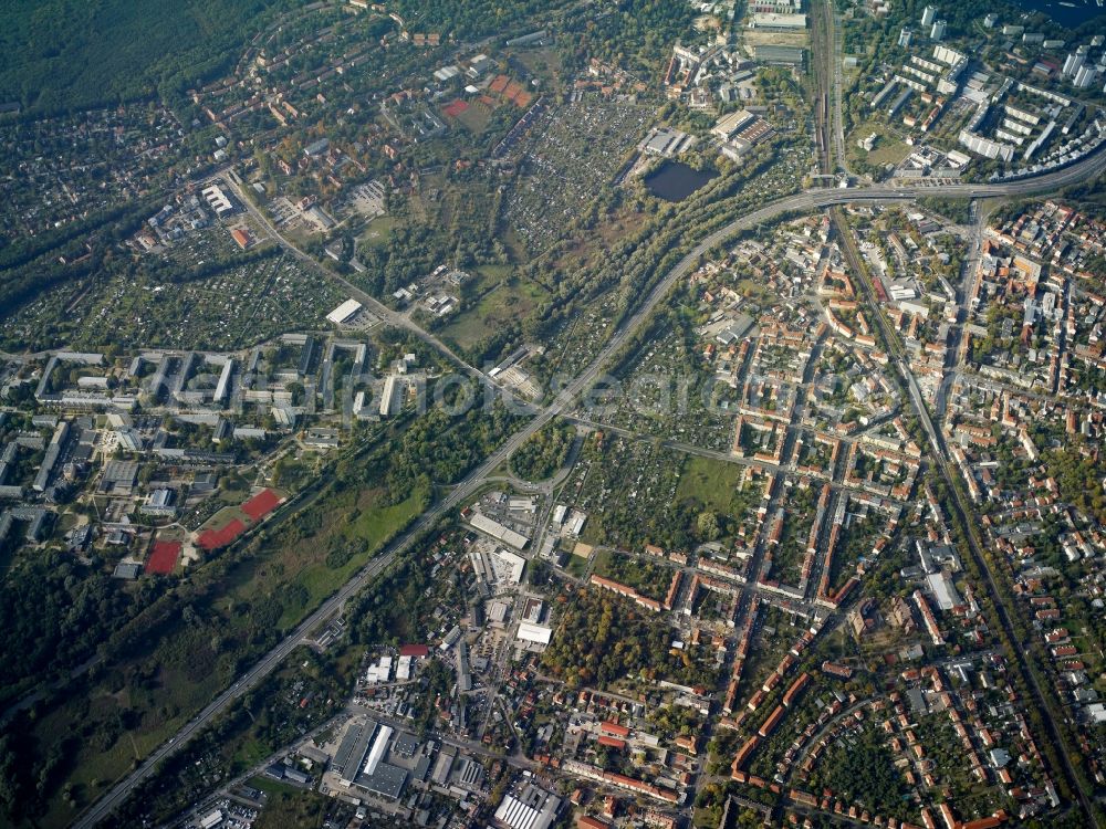 Potsdam from above - Districts Babelsberg and Potsdam Suedost with its residential area Schlaatz and Am Schlaatz beneath the road Nuthestrasse and rails of the Deutsche Bahn AG in the city in Potsdam in the state Brandenburg