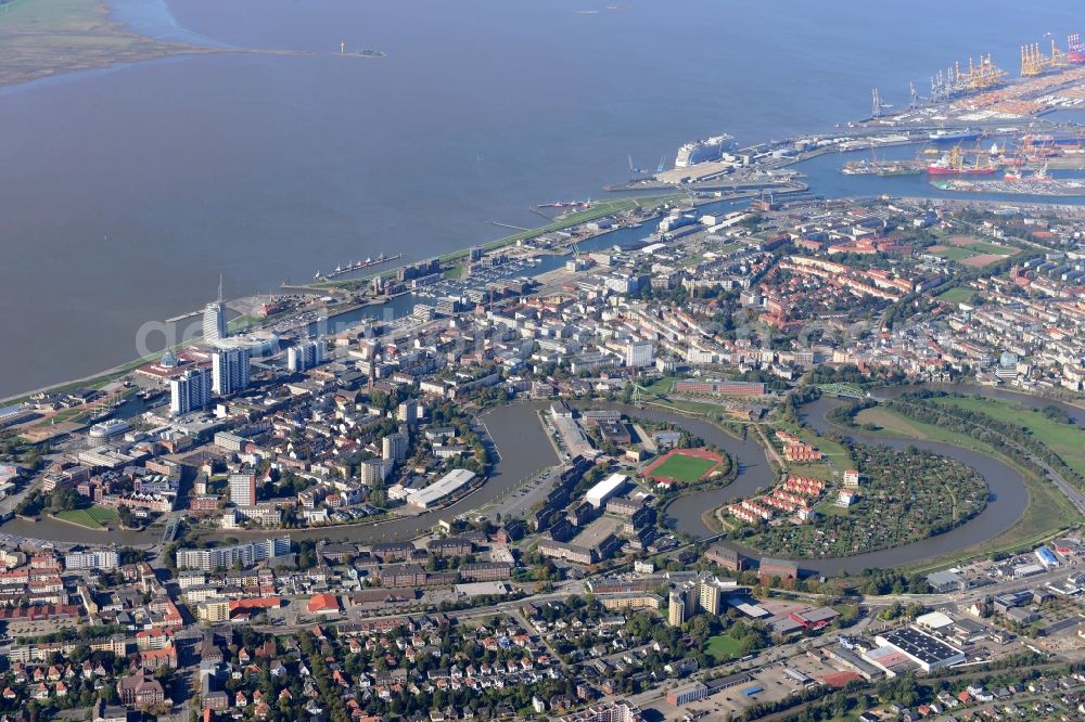 Bremerhaven from above - Districts Mitte, Lehe und Stadtbremisches Ueberseehafengebiet with its residential areas and port facilities and the nearby river Geeste aswell as the mouth of the river Weser joining the North Sea in the city Bremerhaven in the state Bremen