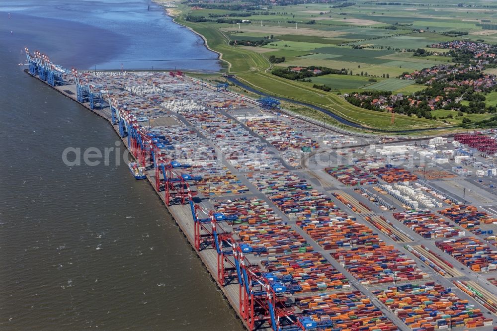 Bremerhaven from above - Districts Mitte, Lehe und Stadtbremisches Ueberseehafengebiet with its residential areas and port facilities and the nearby river Geeste aswell as the mouth of the river Weser joining the North Sea in the city Bremerhaven in the state Bremen