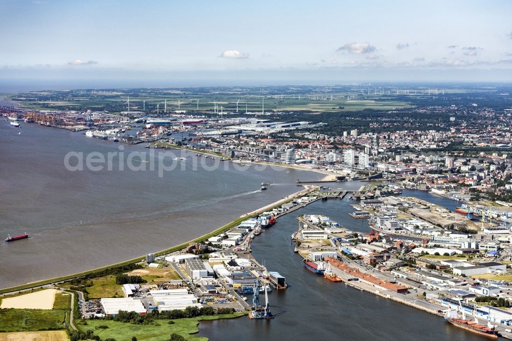 Aerial photograph Bremerhaven - Districts Mitte, Lehe und Stadtbremisches Ueberseehafengebiet with its residential areas and port facilities and the nearby river Geeste aswell as the mouth of the river Weser joining the North Sea in the city Bremerhaven in the state Bremen