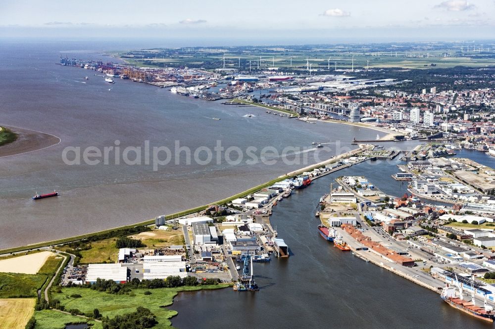 Bremerhaven from above - Districts Mitte, Lehe und Stadtbremisches Ueberseehafengebiet with its residential areas and port facilities and the nearby river Geeste aswell as the mouth of the river Weser joining the North Sea in the city Bremerhaven in the state Bremen