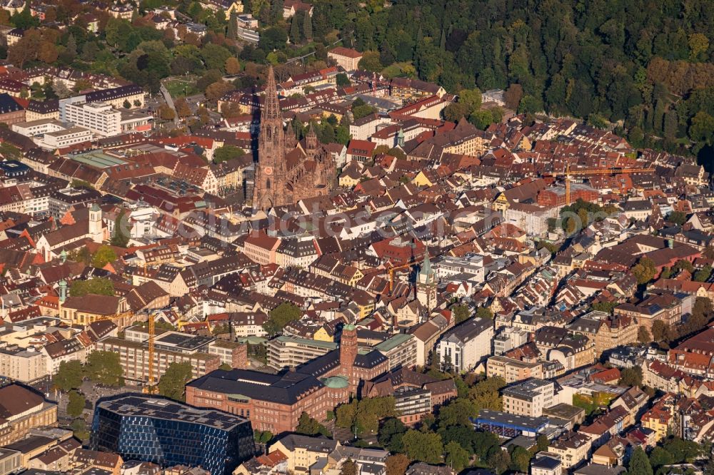 Aerial image Freiburg im Breisgau - The city center and old town with cathedral in the downtown area in Freiburg im Breisgau in the state Baden-Wurttemberg, Germany