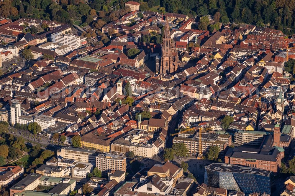 Freiburg im Breisgau from above - The city center and old town with cathedral in the downtown area in Freiburg im Breisgau in the state Baden-Wurttemberg, Germany