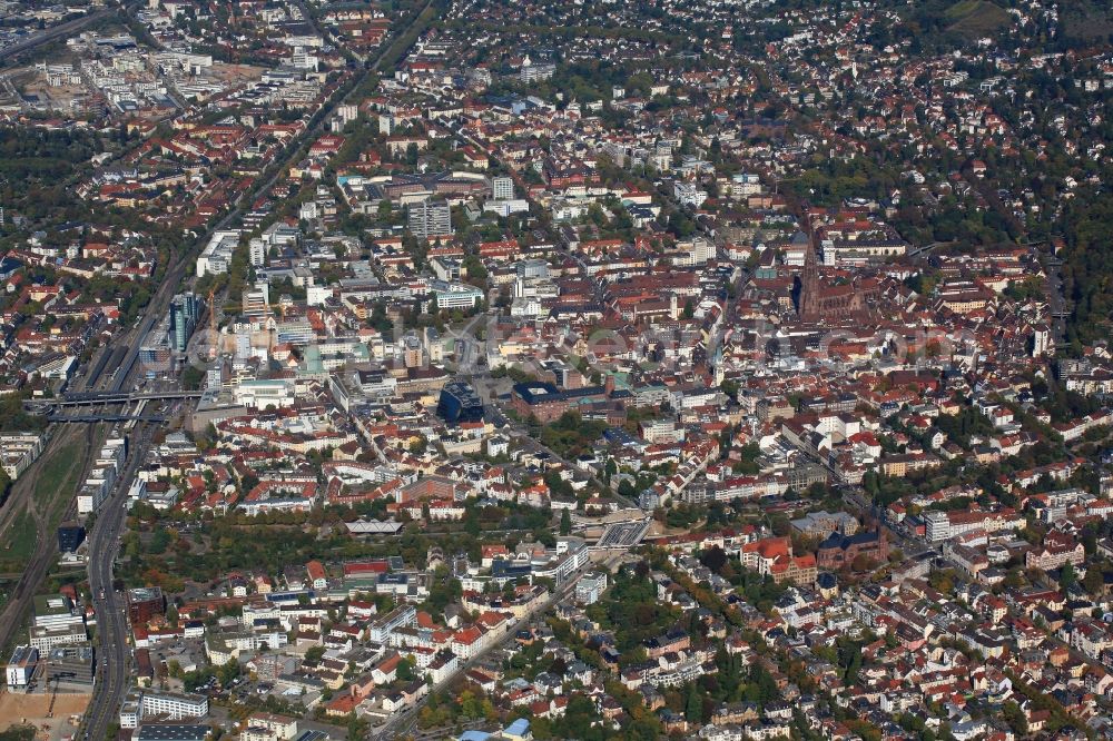 Freiburg im Breisgau from above - The city center and old town with cathedral in the downtown area in Freiburg im Breisgau in the state Baden-Wurttemberg, Germany