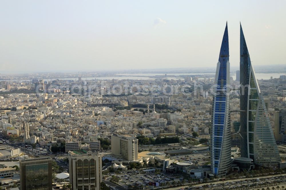 Aerial image Manama - City center in the area of Bahrain World Trade Center with the two dominant skyscrapers in Manama in Capital Governorate, Bahrain