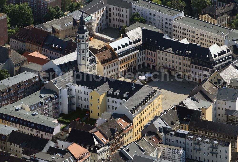 Aerial image Gera - District overview of Gera with a view of the city hall and the market in the federal state Thuringia. The city hall is a three-storied renaissance making and has a six-storied stairs tower with 57 meters height