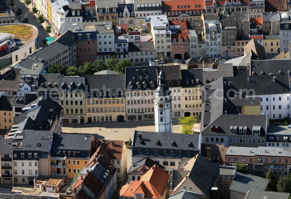 Aerial photograph Gera - District overview of Gera with a view of the city hall and the market in the federal state Thuringia. The city hall is a three-storied renaissance making and has a six-storied stairs tower with 57 meters height