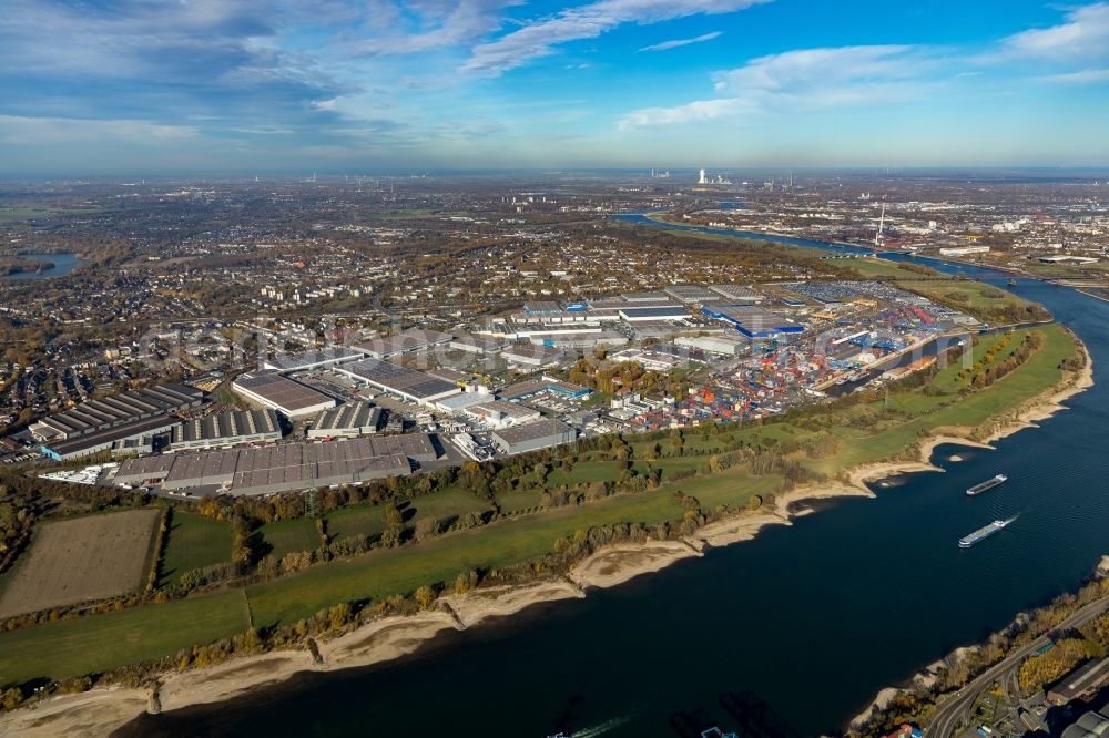 Duisburg from above - City center and industrial estate in the downtown area on the banks of river course of the Rhine river in Duisburg in the state North Rhine-Westphalia, Germany