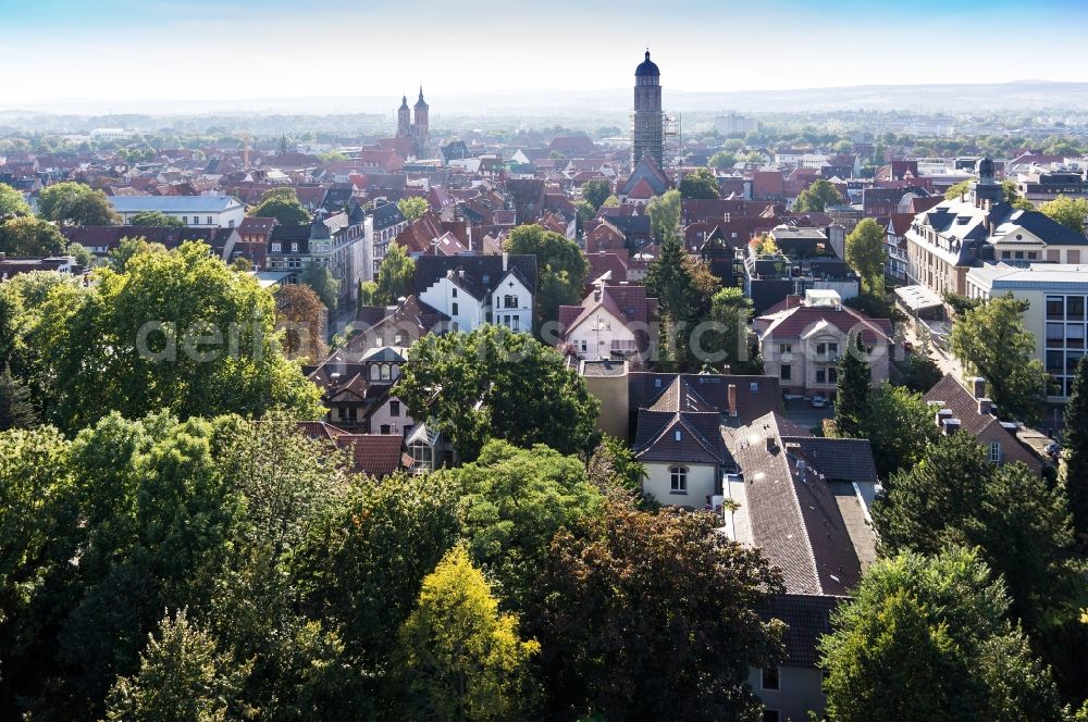 Göttingen from the bird's eye view: View of the city center with church steeple along the Theaterstrasse in Goettingen in Lower Saxony