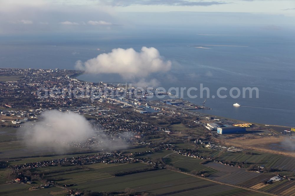 Cuxhaven from above - City center with port facilities on the banks of the river course of the Elbe estuary in Cuxhaven in Lower Saxony