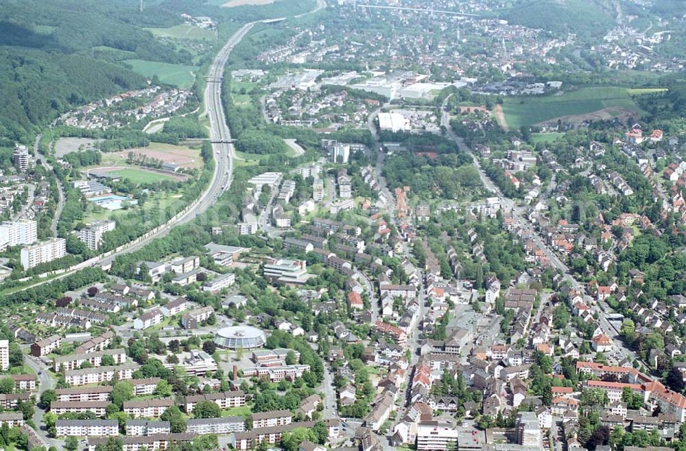 Hohenlimburg / NRW from the bird's eye view: Stadtzentrum Hohenlimburg mit Autobahn. Datum: 26.05.03