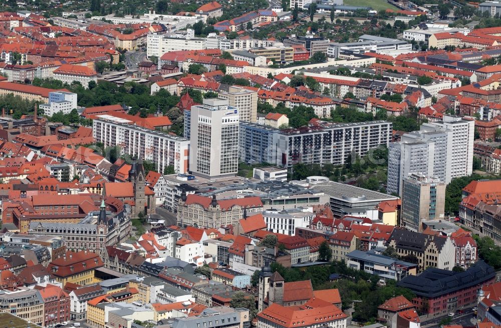 Erfurt from the bird's eye view: The center of downtown with buildings at the Anger of the main post office, Radisson Hotel and shopping center Anger in Erfurt in Thuringia