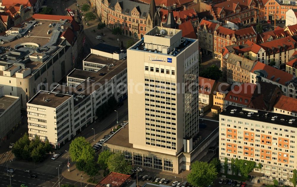 Erfurt from above - City center of downtown on Anger with building of the hotel Radisson BLU in the state capital Erfurt in Thuringia