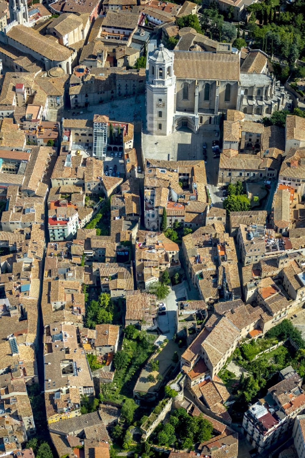 Girona from above - City center of downtown with the Catedrale de Santa Maria de Girona and Sant Feliu church in Girona in Spain