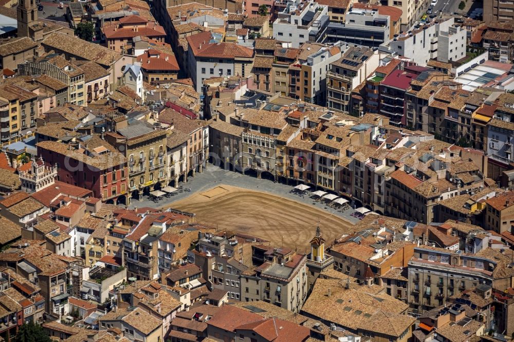 Aerial photograph Vic - City center of downtown with its historic old town with Placa Major square in Vic, Spain