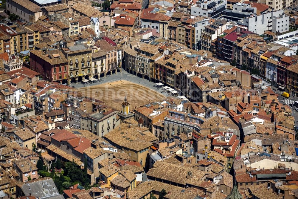 Aerial image Vic - City center of downtown with its historic old town with Placa Major square in Vic, Spain
