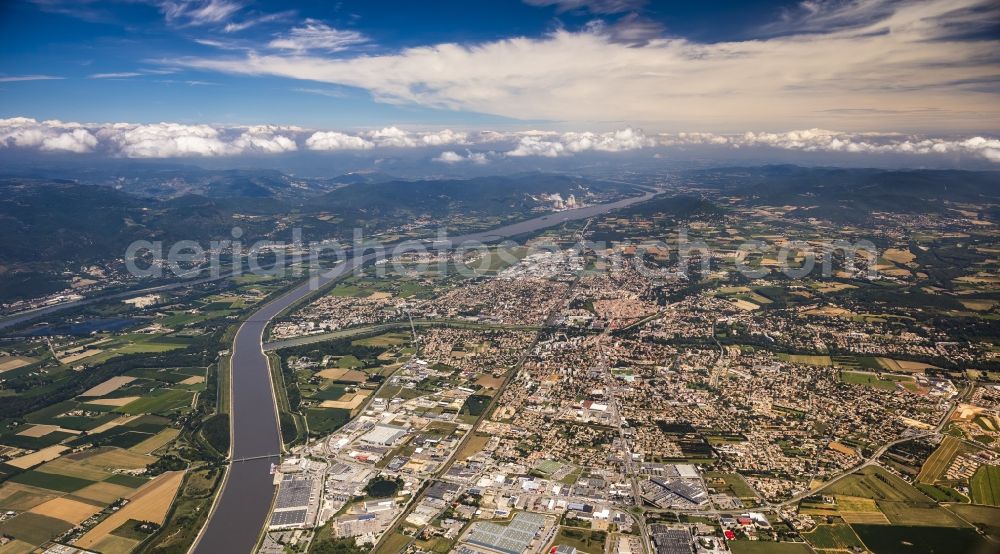 Montélimar from the bird's eye view: City center and downtown in Montelimar in the province of Rhone-Alpes in France